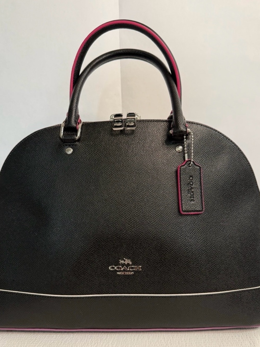 Coach Black Leather Dome Satchel with Pink Trim